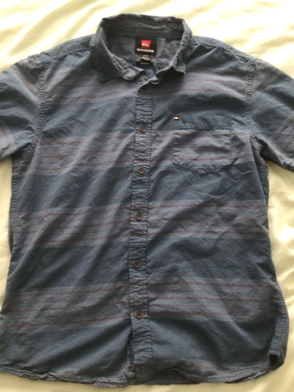 Quiksilver Blue Modern Fit Striped Short Sleeve Button Down - Large